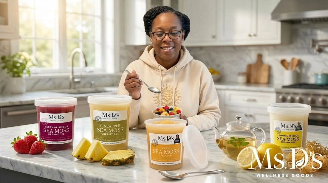 Middle-aged woman enjoying a sea moss gel breakfast ritual in a bright kitchen